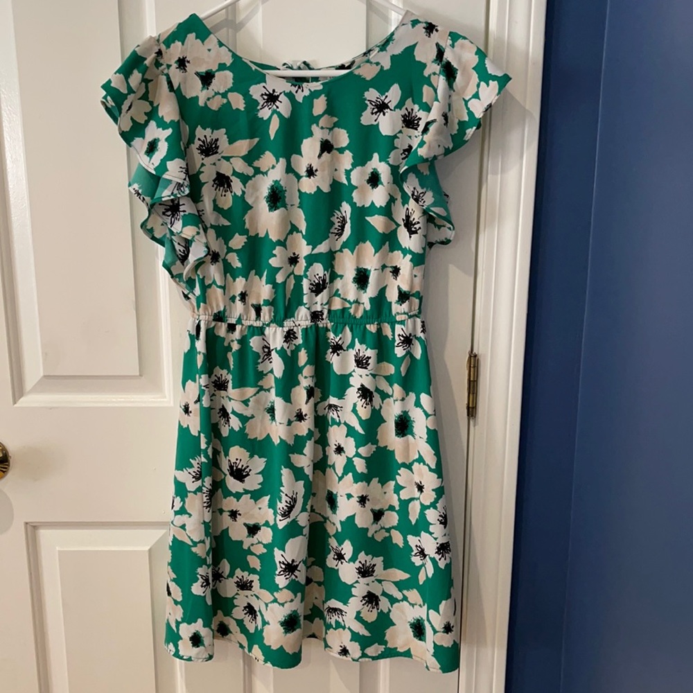 Green floral dress with glitter cap sleeves